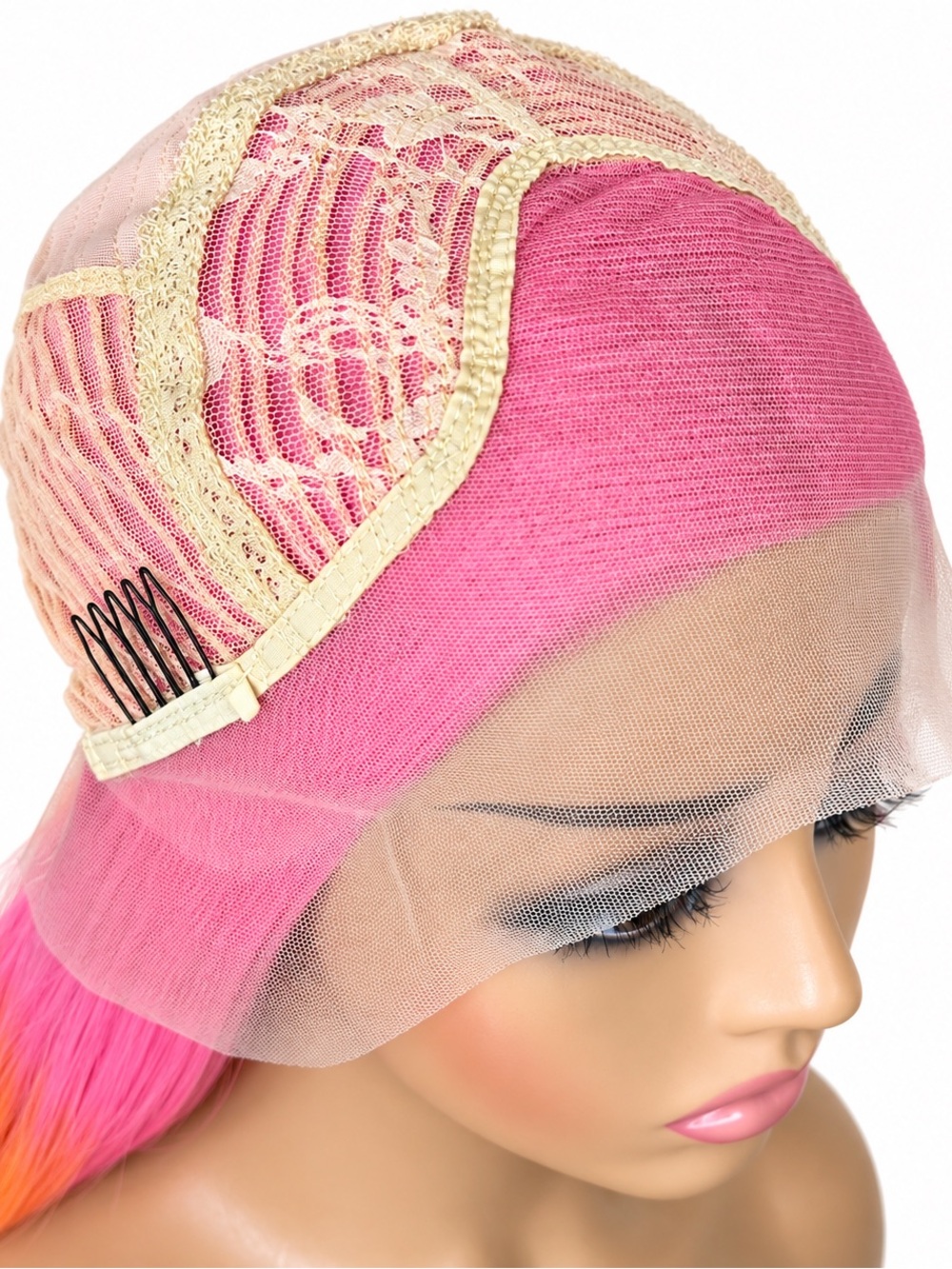 Pastel rainbow Sleek Ombre Pink-Orange-Red Straight Lace Frontal Wig 28 inches l - Picture 5 of 7